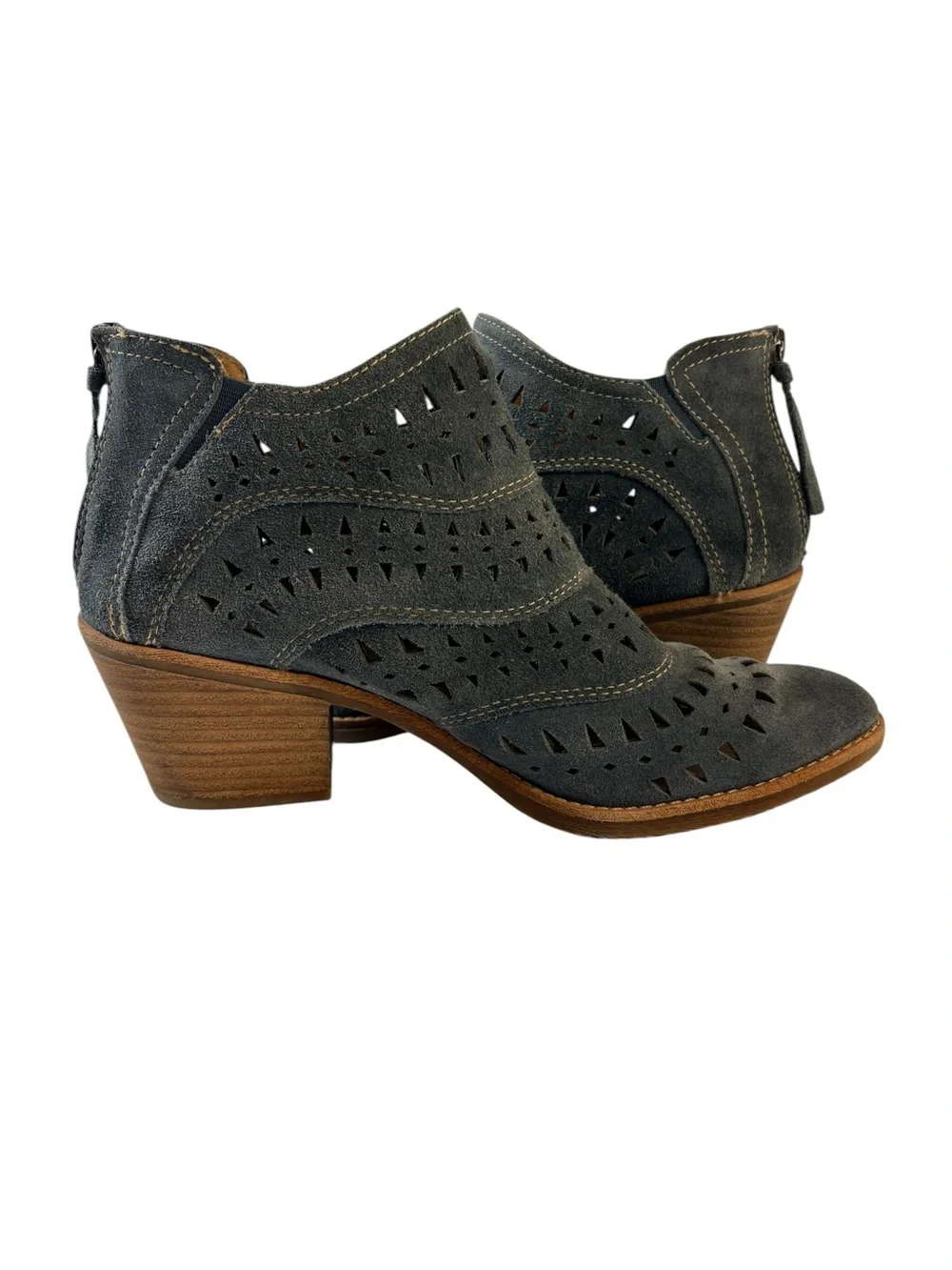 Söfft 9M Slate Blue Leather Laser Cut Western Ankle Booties